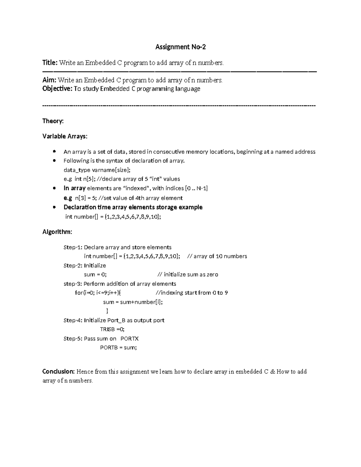 LDCO Assignment 2: Embedded C Program for Array Addition - Studocu