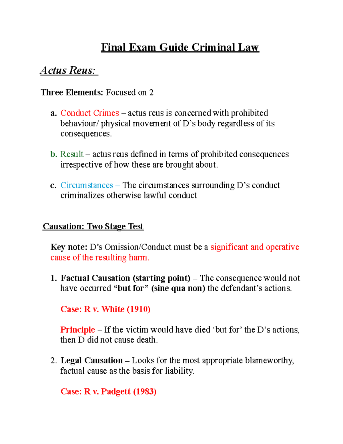 Final Exam Guide: Criminal Law (Actus Reus & Causation) - Studocu