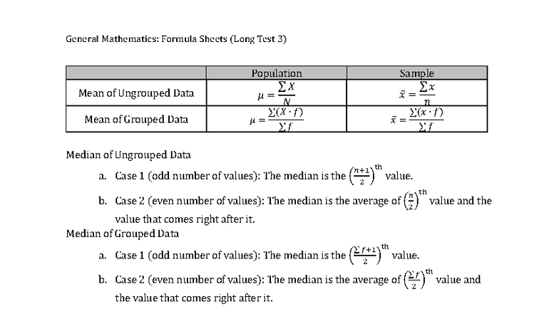 Formula Sheet for Long Test 3 - General Mathematics: Formula Sheets ...