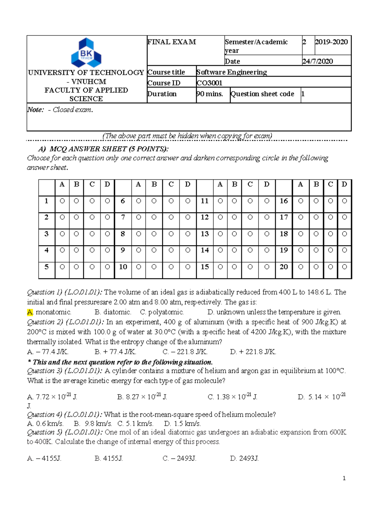 Final Exam 2020 - CO - Software Engineering MCQ Answer Sheet - Studocu