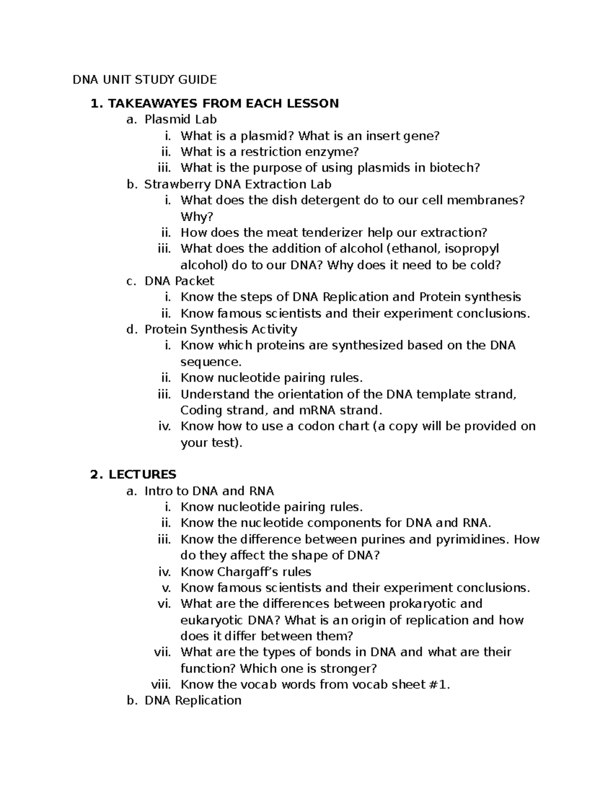 DNA Study Guide: Key Concepts and Lab Insights for BIO101 - DNA UNIT ...