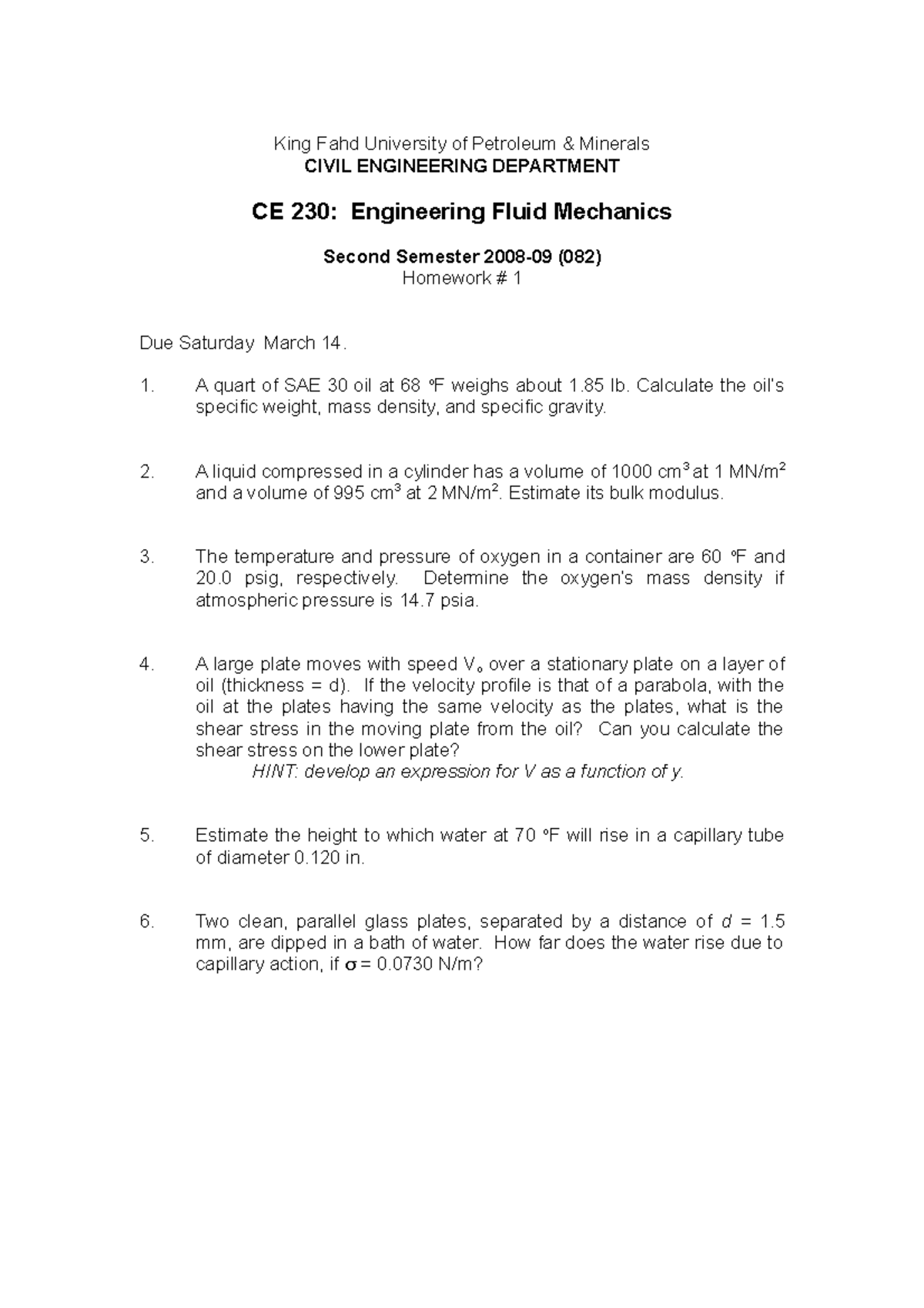 CE 230 Homework #1: Engineering Fluid Mechanics Questions - Studocu