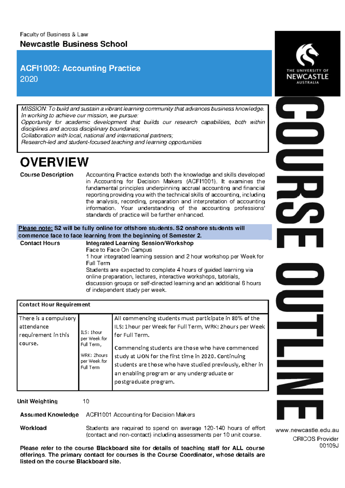 ACFI1002 Accounting Practice Course Outline and Assessments Overview ...