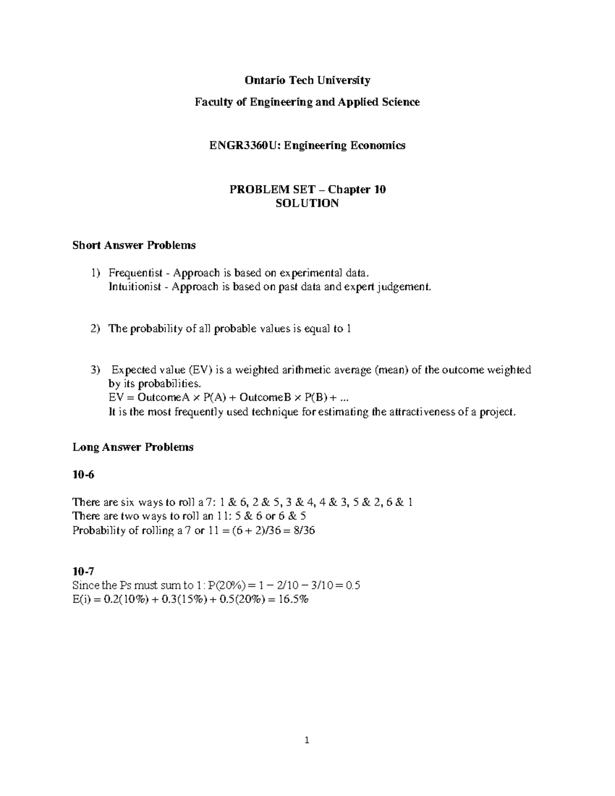 ENGR3360U: Engineering Economics Problem Set Chapter 10 Solutions - Studocu