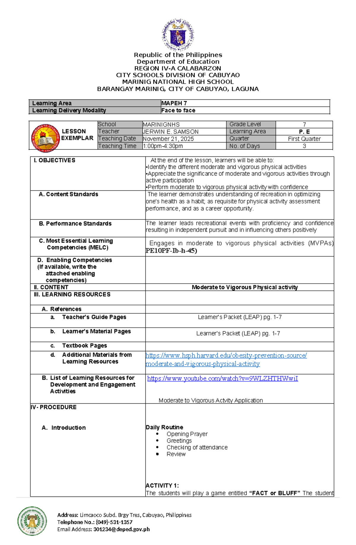 MAPEH 7 Lesson Plan: Moderate to Vigorous Physical Activities - Studocu