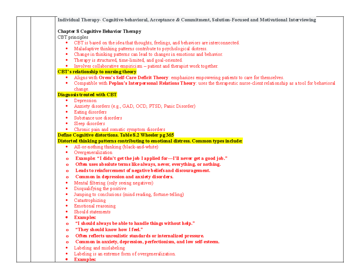 605 Final Exam Review: Cognitive Behavioral Therapy & Family