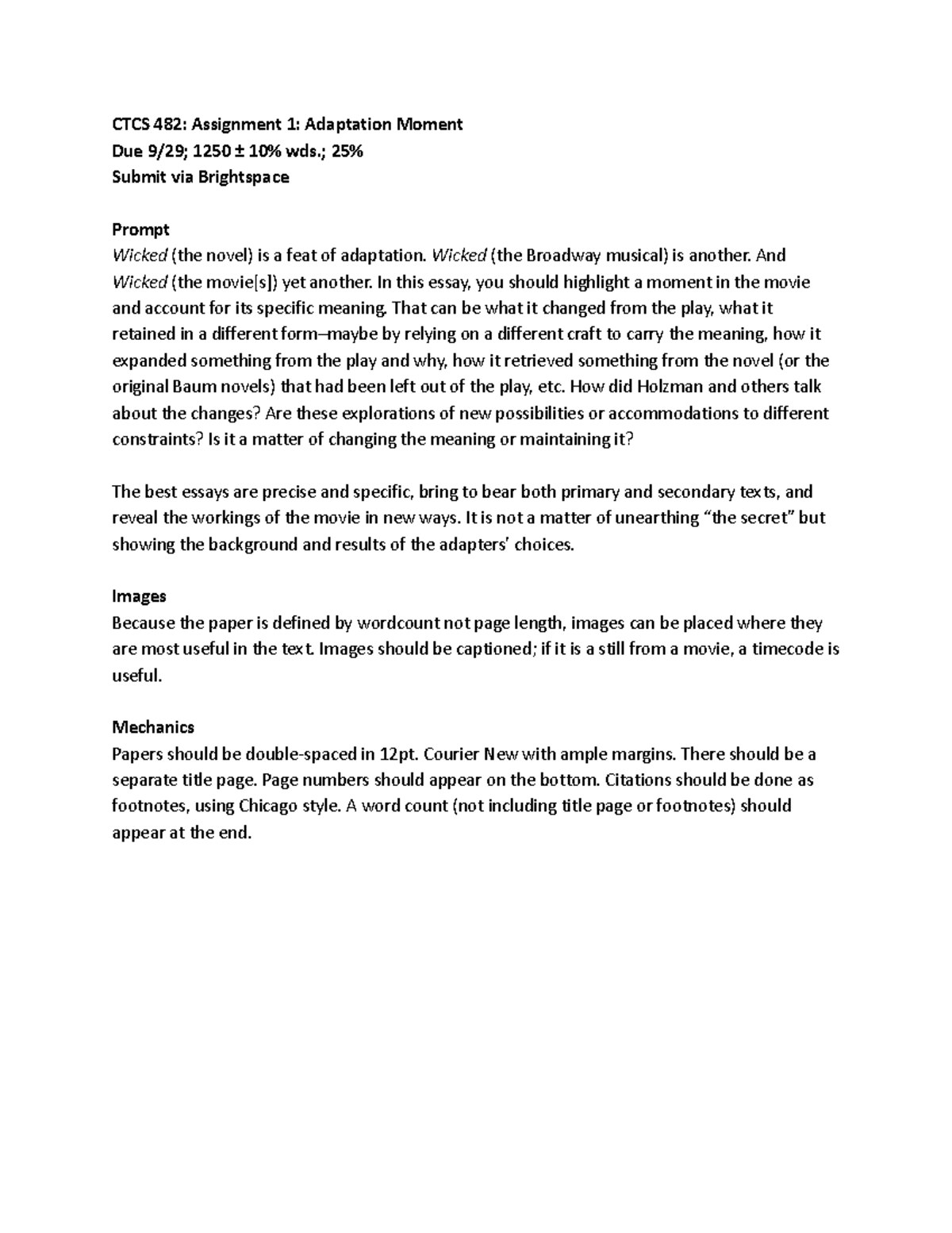 CTCS 482: Essay on Adaptation Moment in Wicked - Studocu