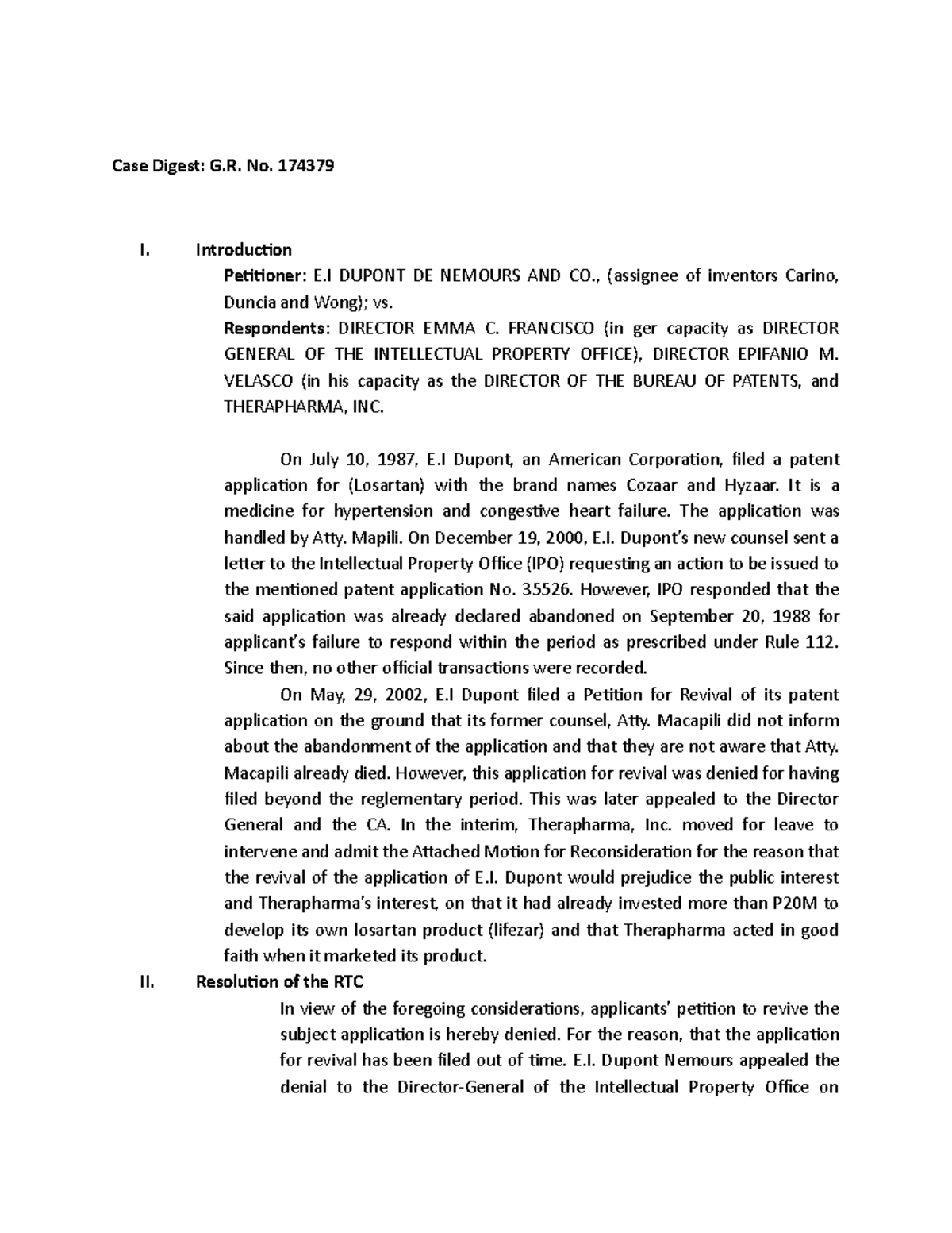 Case Digest on E.I. Dupont Mut. Patent Revival (G.R. No. 174379