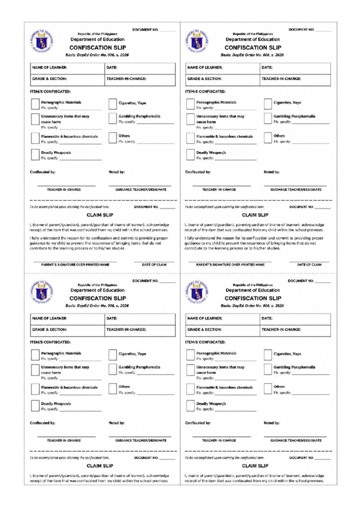 DepEd Order No. 006, S. 2026: Confiscation Slip Template - Studocu