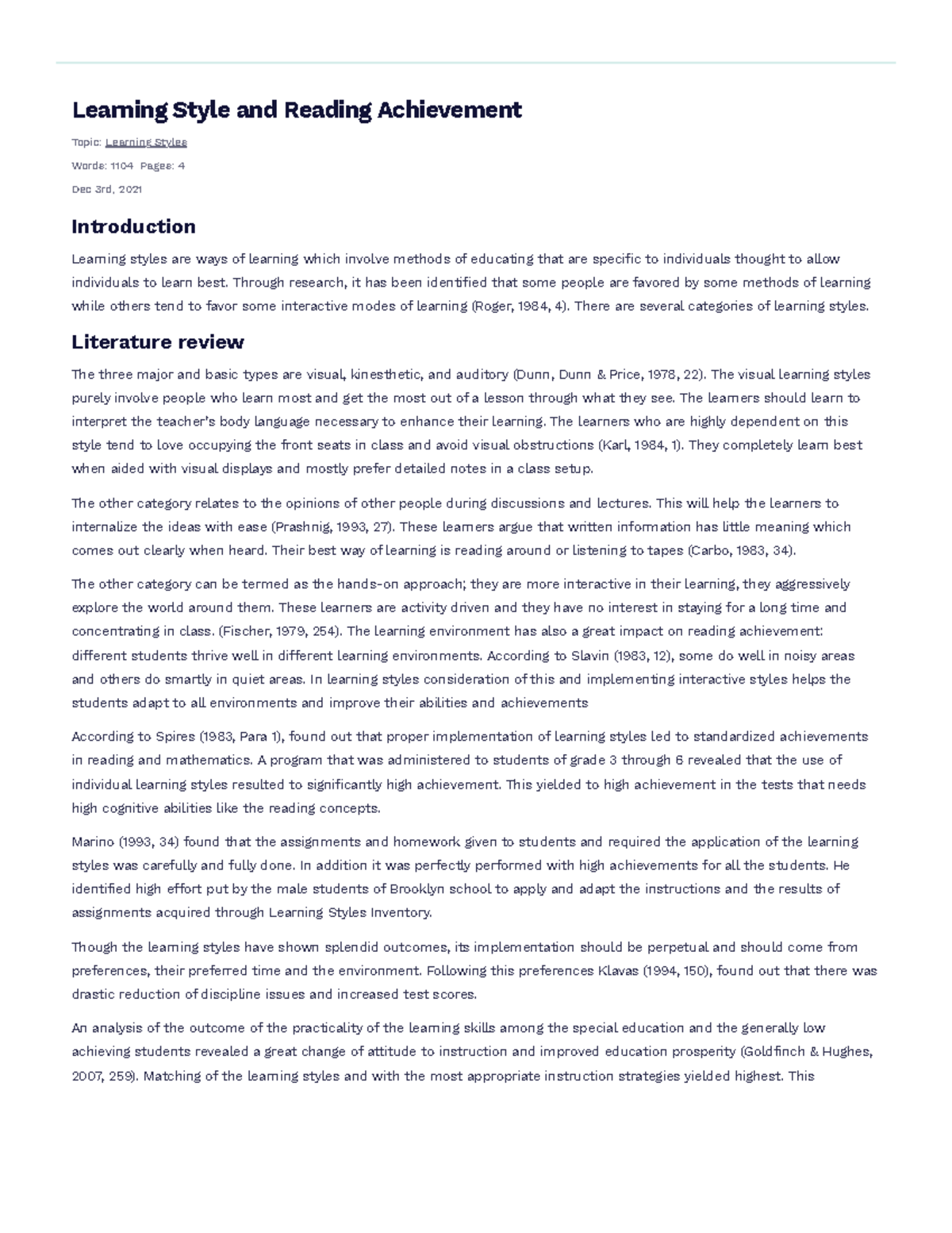 Learning Style and Reading Achievement Free Essay Example - Learning ...