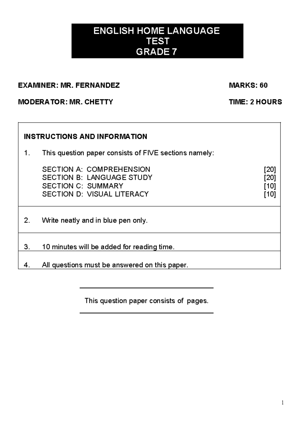 English home language test grade 7: examiner Mr. Fernandez - Studocu