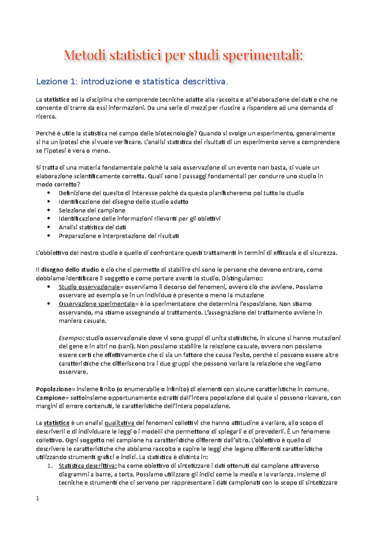 Metodi Statistici: Lezione 1 - Introduzione e Statistica Descrittiva ...