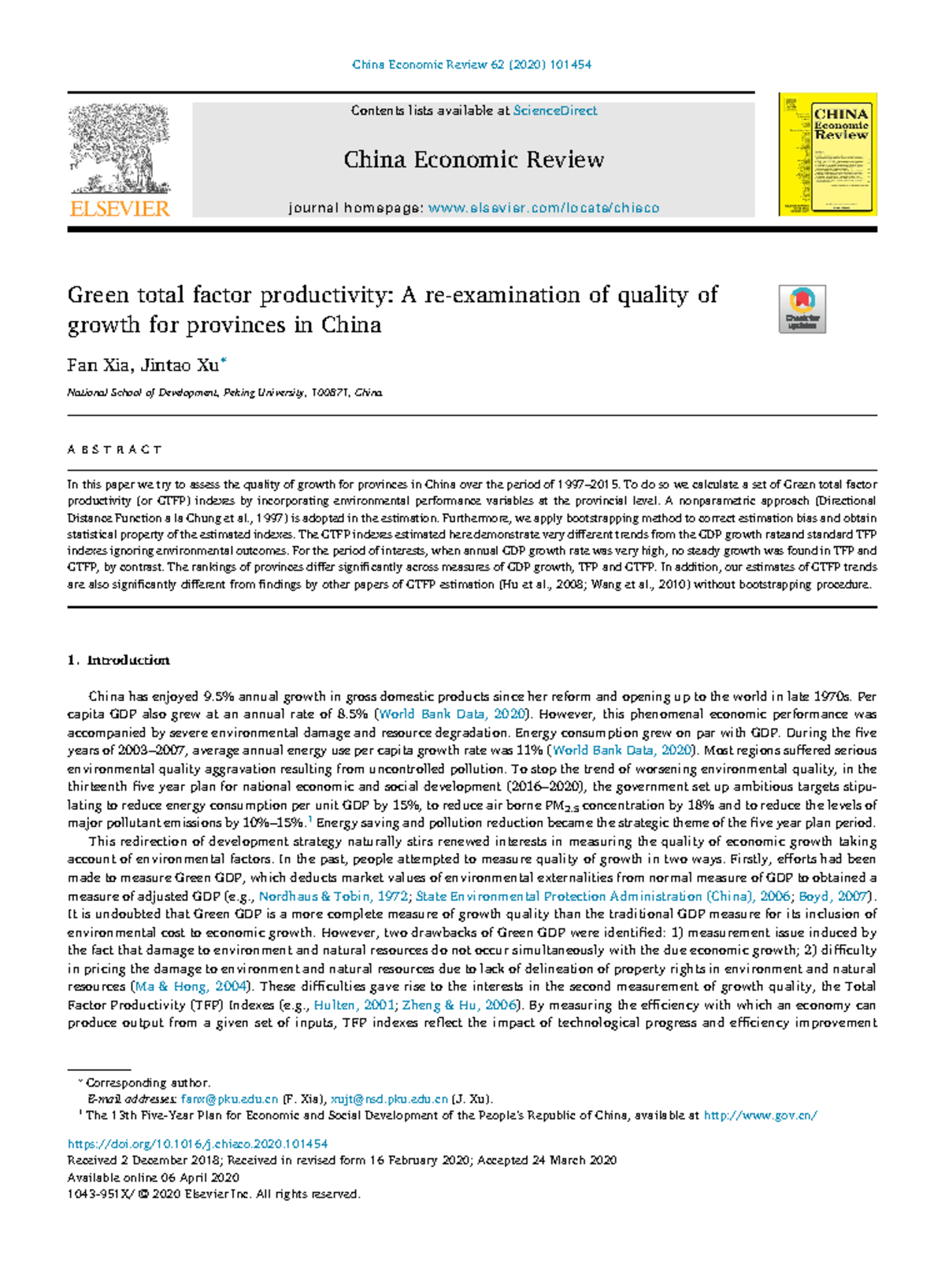 Green total factor productivity A re-examination of quality of growth ...
