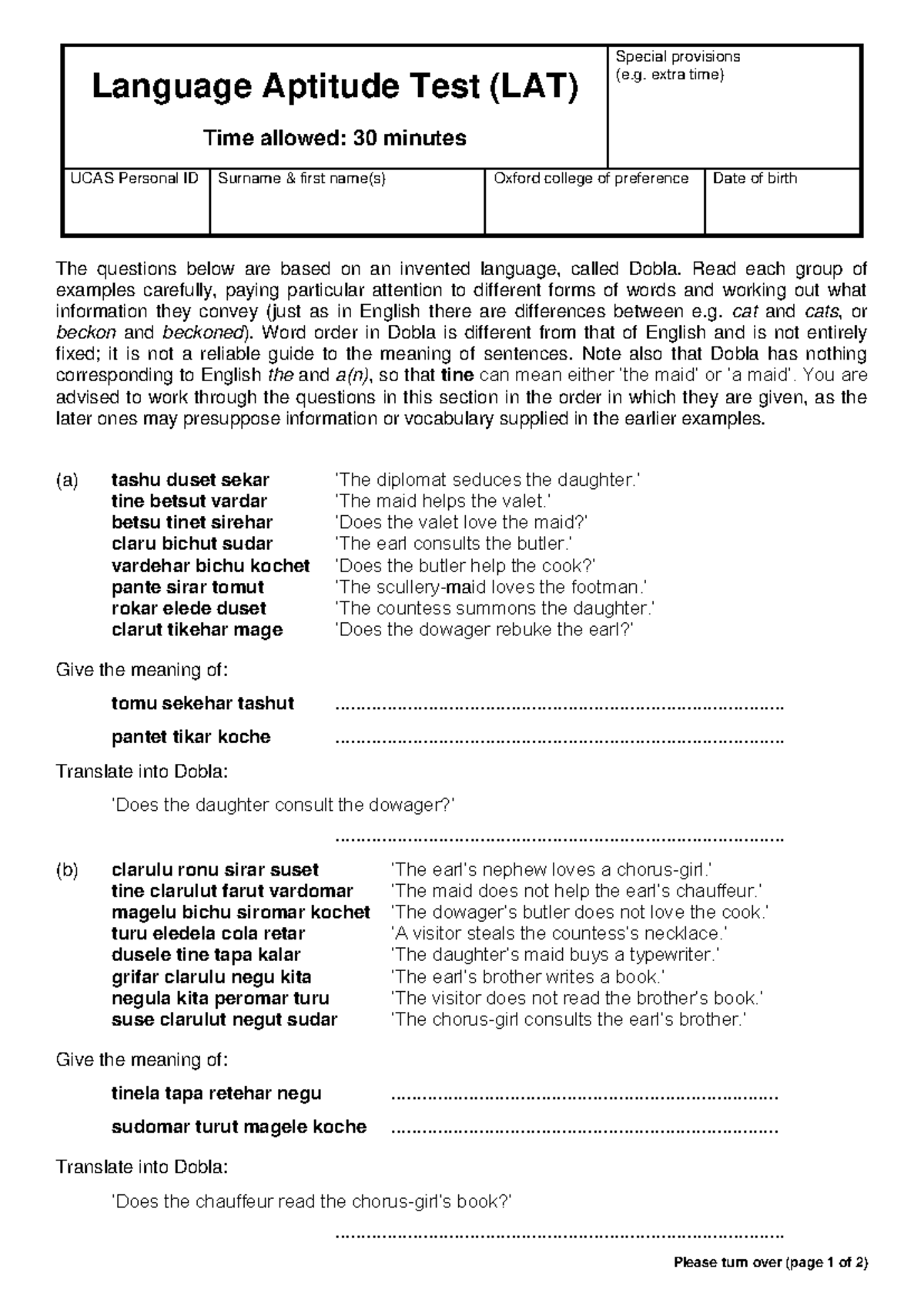 OLAT 2011 - Language Aptitude Test (LAT) Special Provisions - Studocu