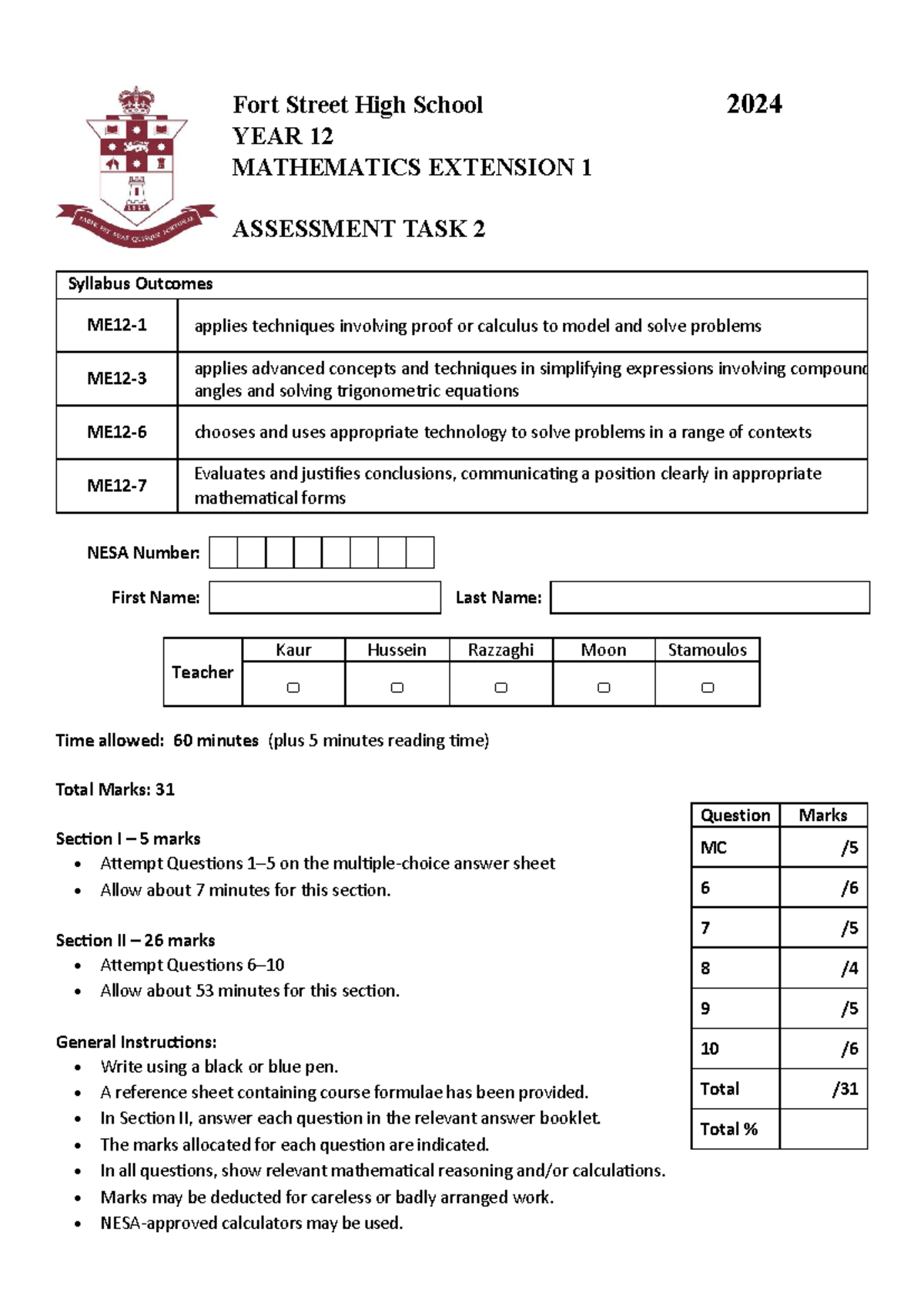 2024 FSHS Year 12 Mathematics Extension 1 Assessment Task 2 - Studocu