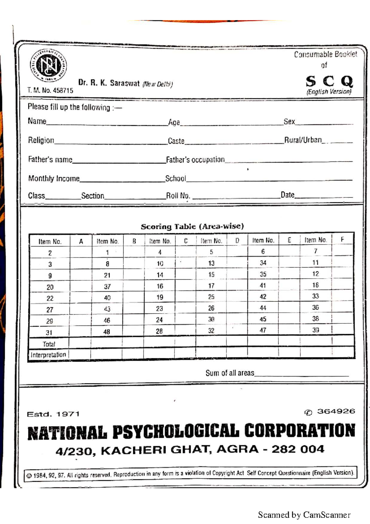 SCQ Practical Test Manual for Self Concept Questionnaire - Studocu