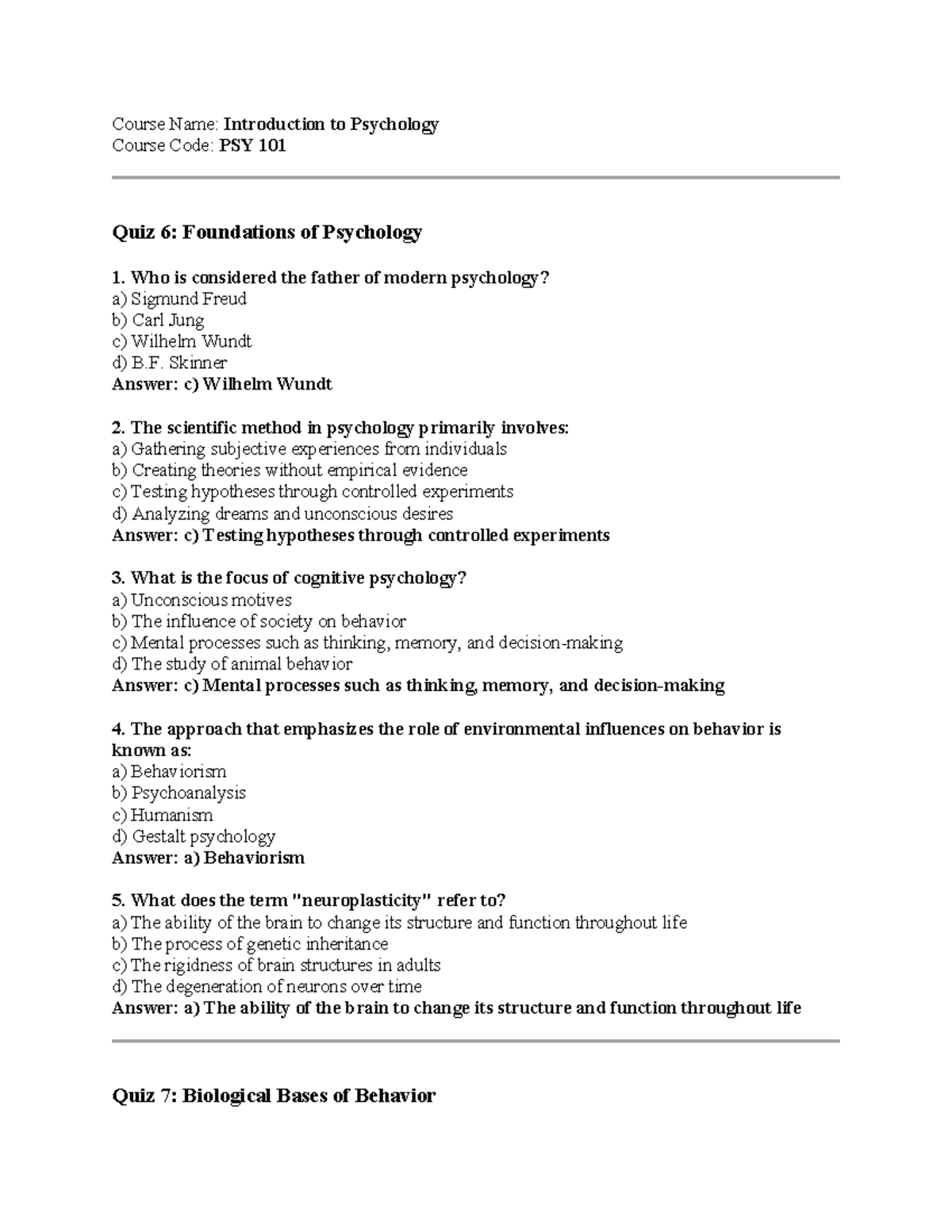 Introduction to Psychology - PSY 101 - Course Name: Introduction to ...