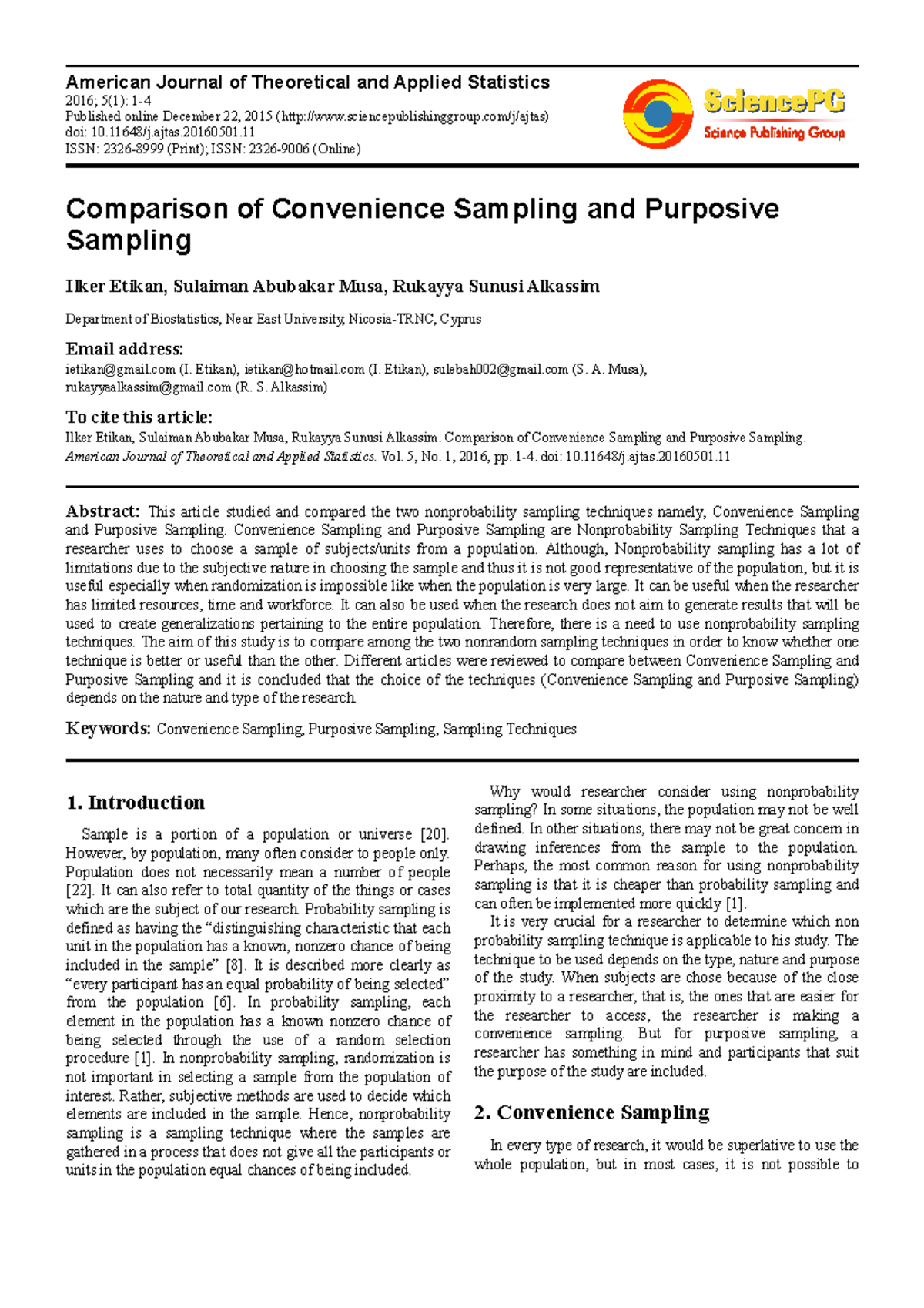 Comparison of Convenience Sampling and Purposive Sampling in Research ...