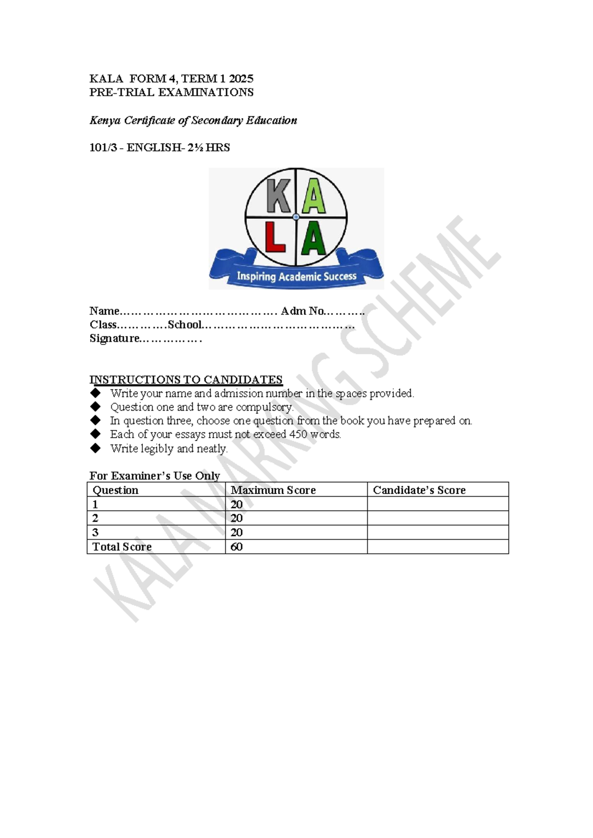 KALA 4 TERM 1 2025 EXAMINATION MARKING SCHEME & ESSAY GUIDELINES - Studocu
