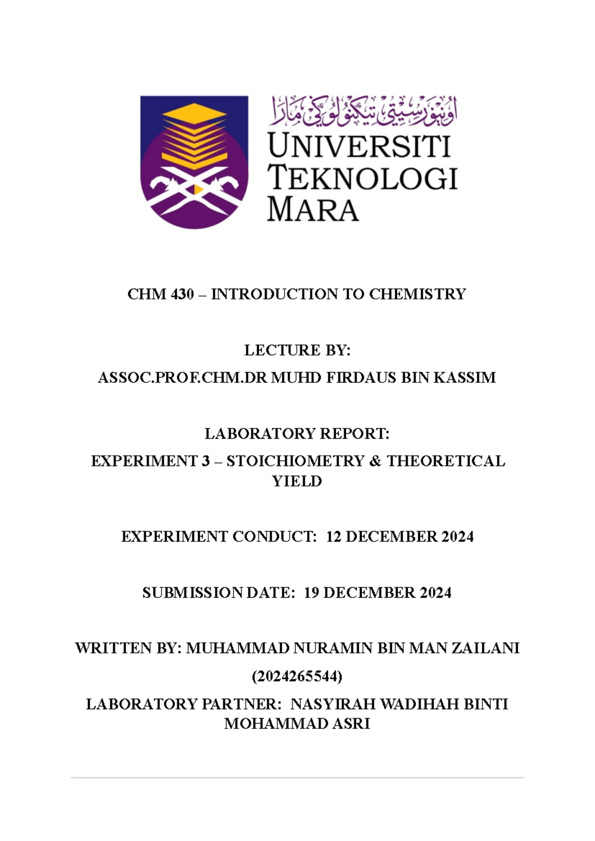 CHM420 Lab Report: Experiment 5 - Effects on Chemical Equilibrium - Studocu