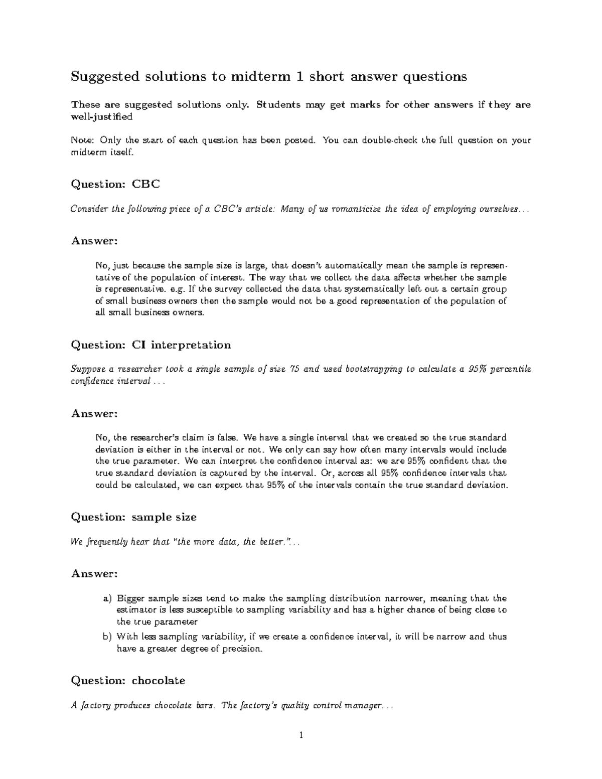 Midterm 1 Suggested Solutions for Short Answer Questions - Studocu