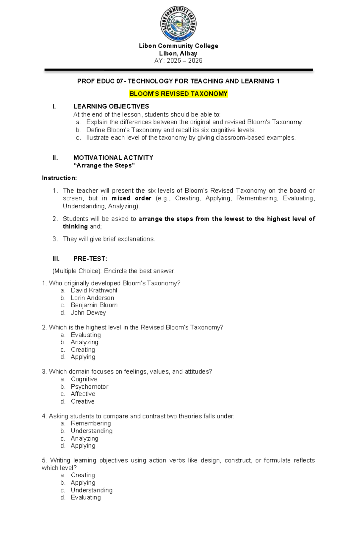 EDUC 101: Bloom's Revised Taxonomy for Teaching & Learning - Studocu