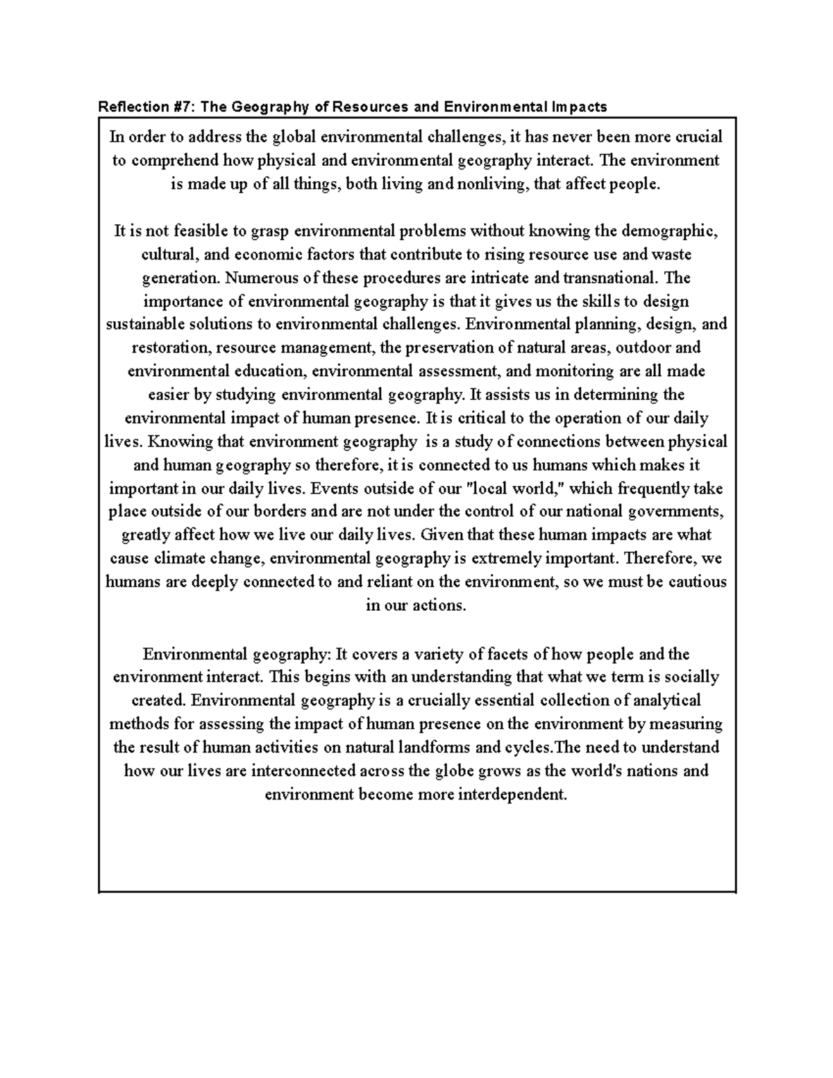 SSE Ref #7 - Reflection on Geography of Resources & Environmental ...