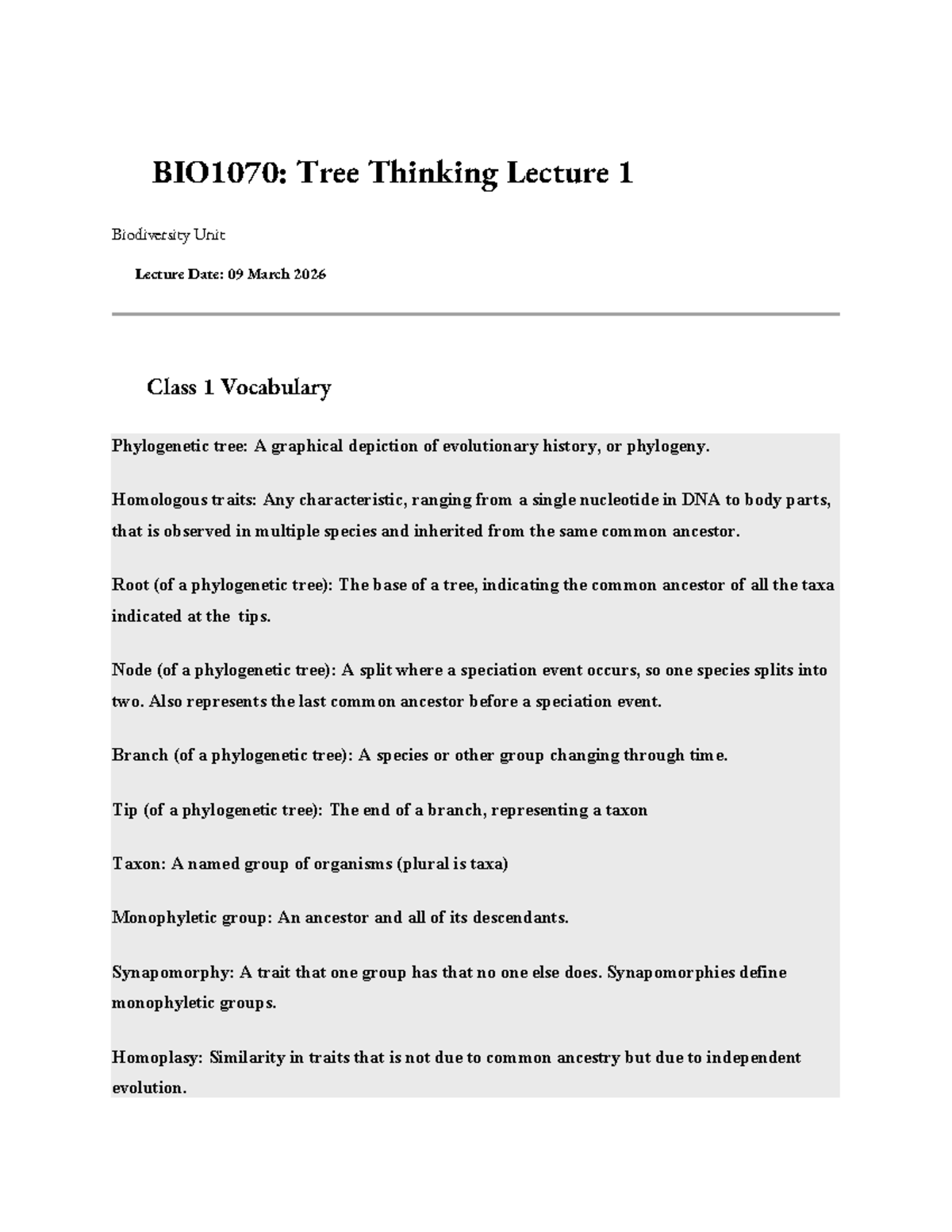 Tree Thinking Lecture 1 & 2: Biodiversity Unit Overview - Studocu