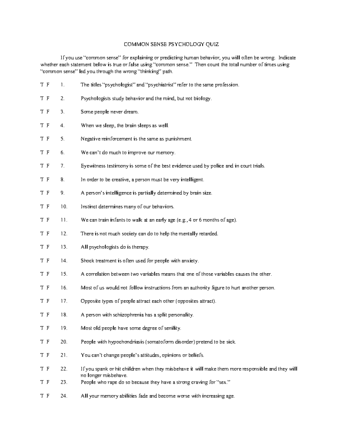 Common Sense Psychology Quiz: Misconceptions and Truths - Studocu