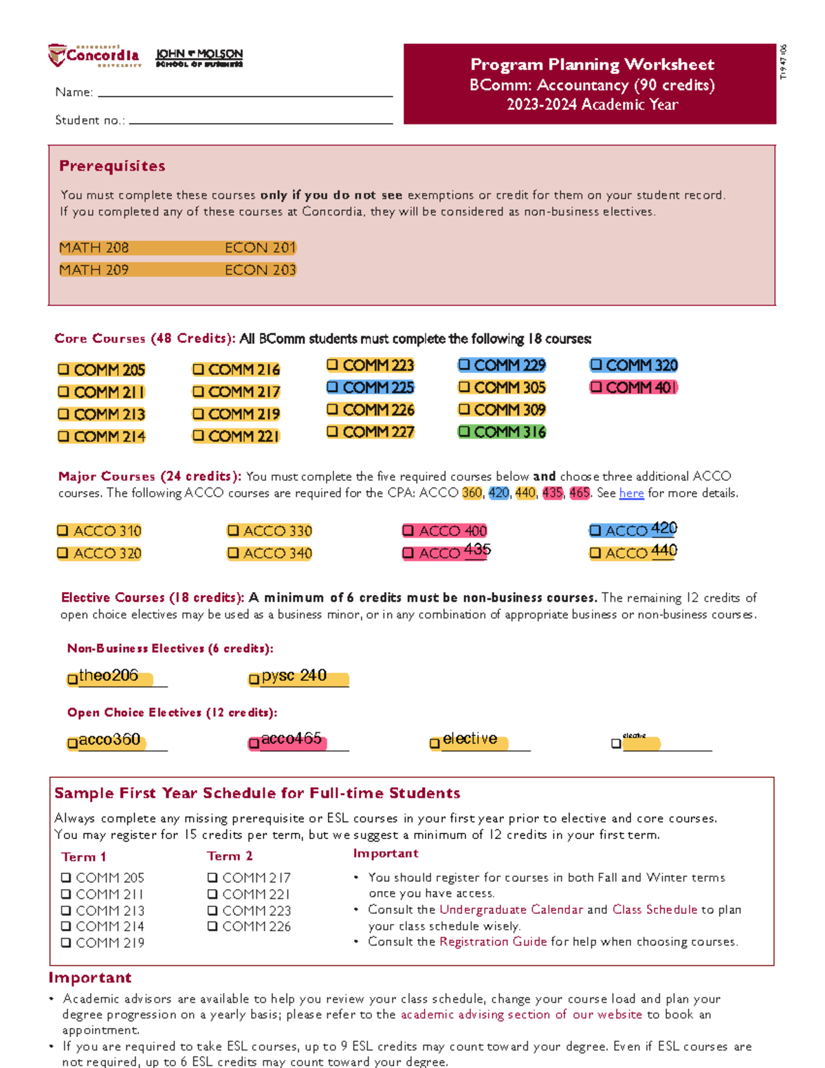 BComm Accountancy Program Planning Worksheet 2023-2024 - Studocu