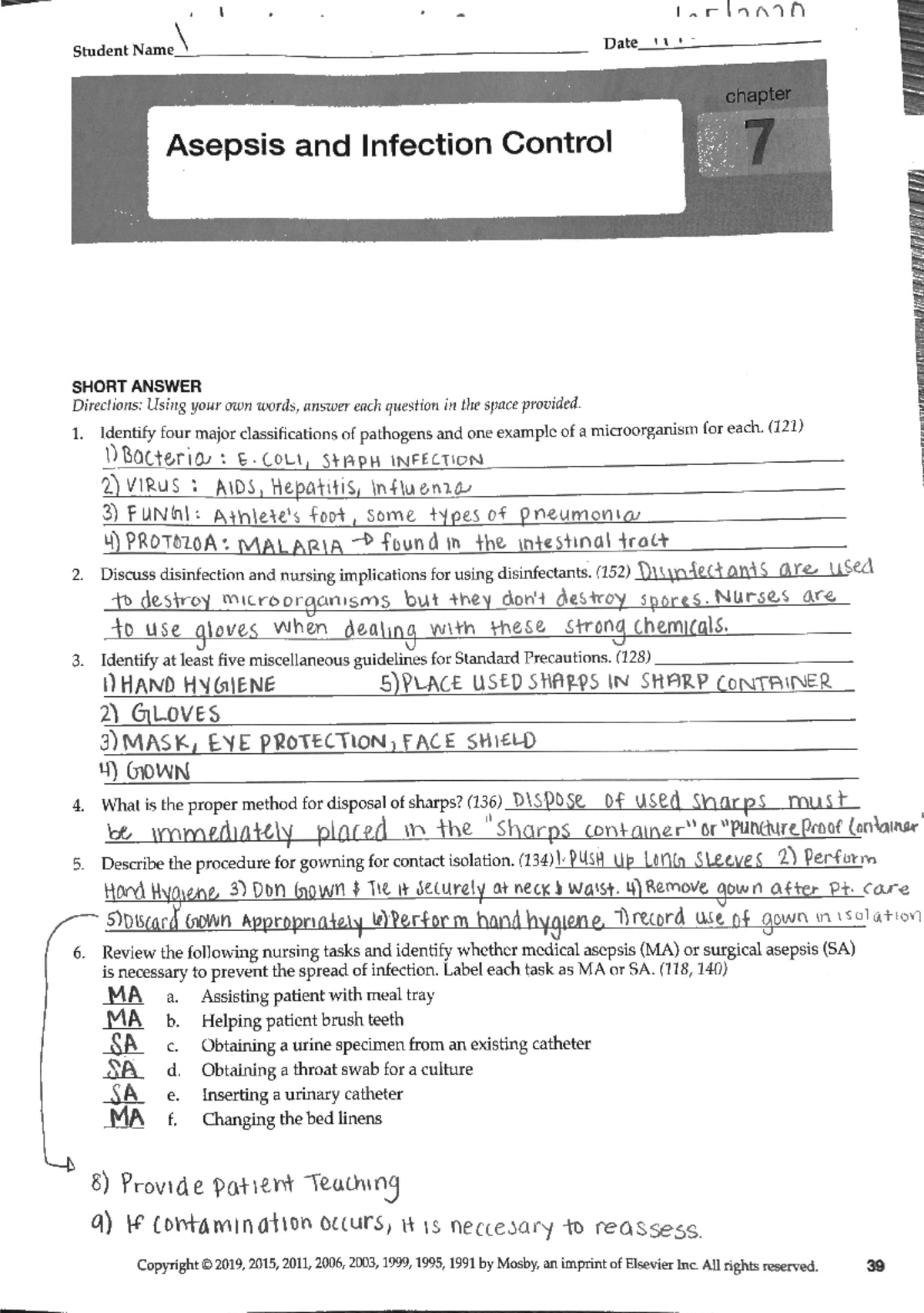 Asepsis AND Infection Control Study Guide - Student Name Date chapter ...