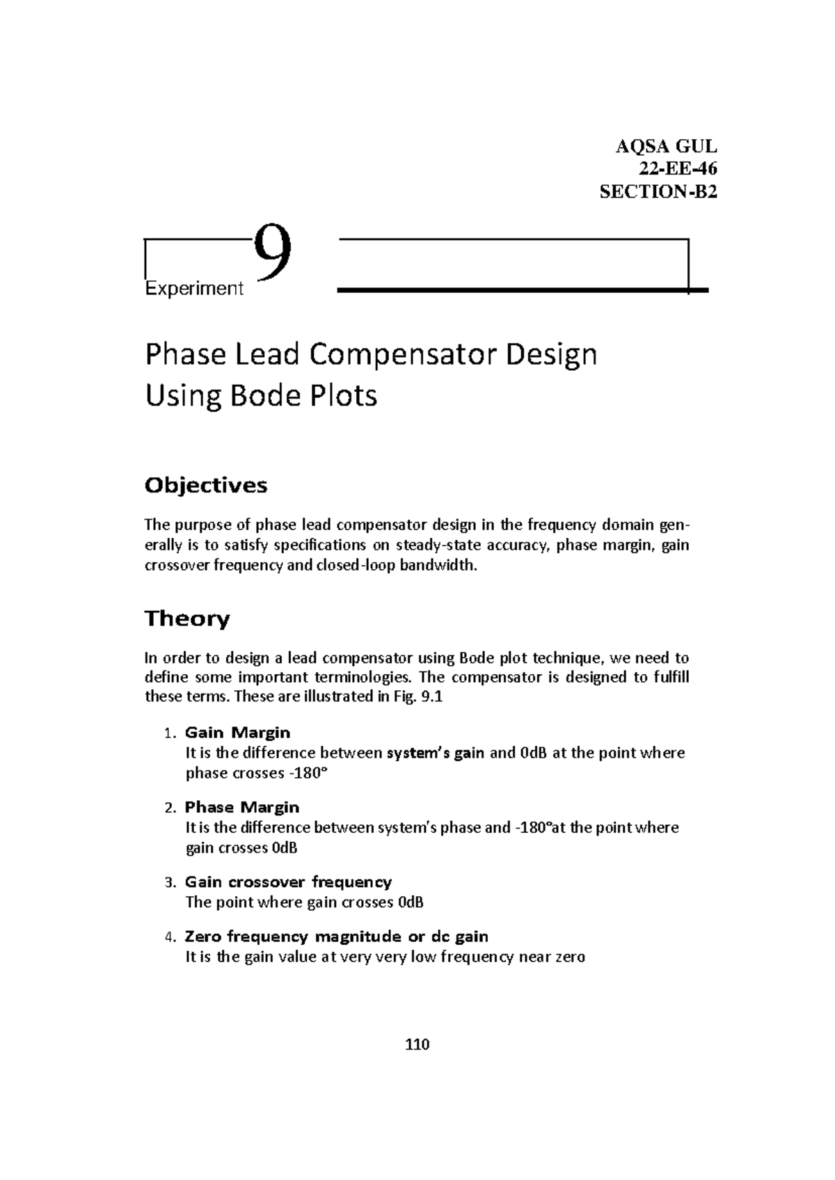 LCS LAB 9 - Phase Lead Compensator Design Using Bode Plots - Studocu