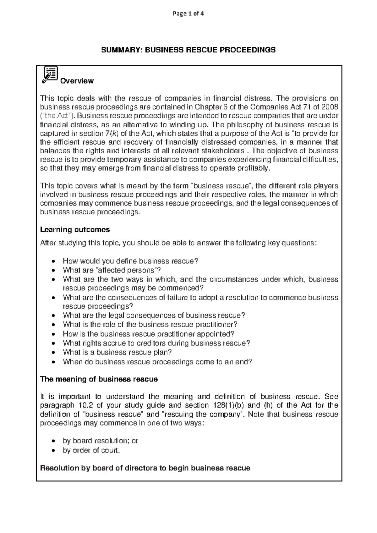 Summary of Business Rescue Proceedings Under Companies Act 71 of 2008 ...