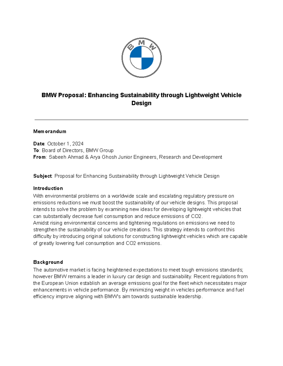 BMW Proposal: Advancing Sustainable Lightweight Vehicle Design ...