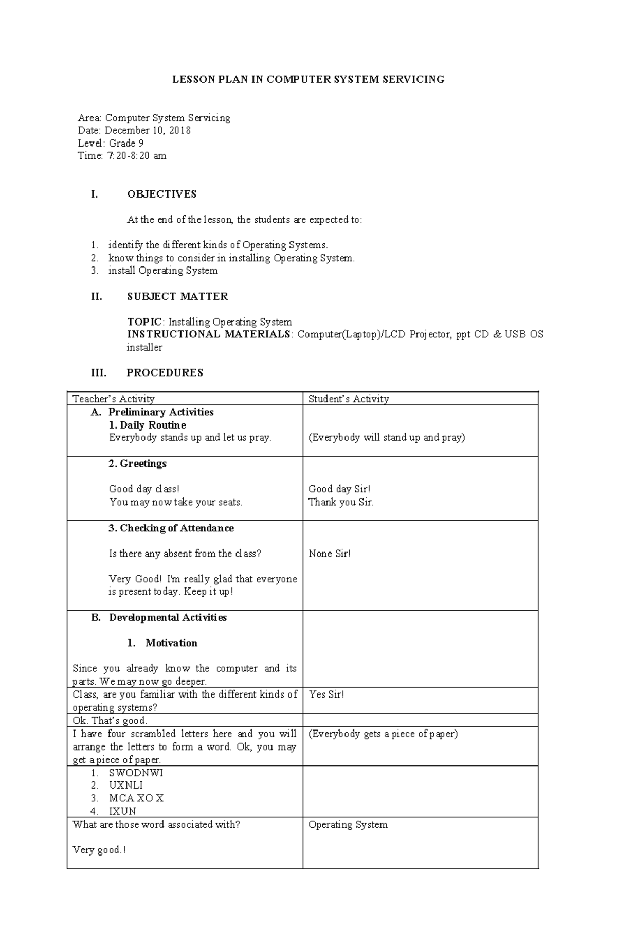 403008549 Lesson Plan: Installing Operating Systems for Grade 9 - Studocu