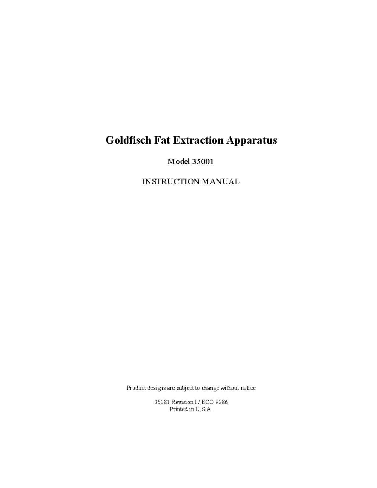 Goldfisch Fat Extraction Method - Instruction Manual (Model 35001 ...