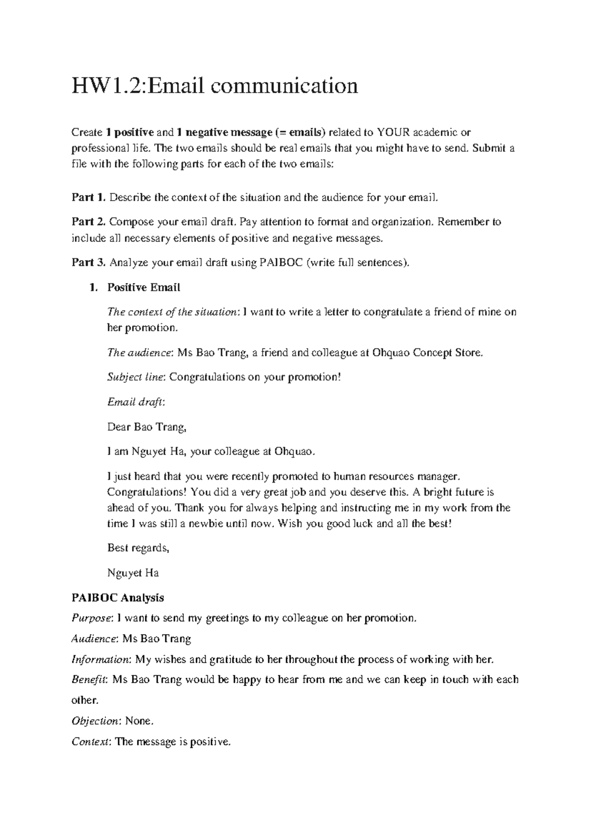 HomeWork.1.2 bas3 - HW1:Email communication Create 1 positive and 1 ...