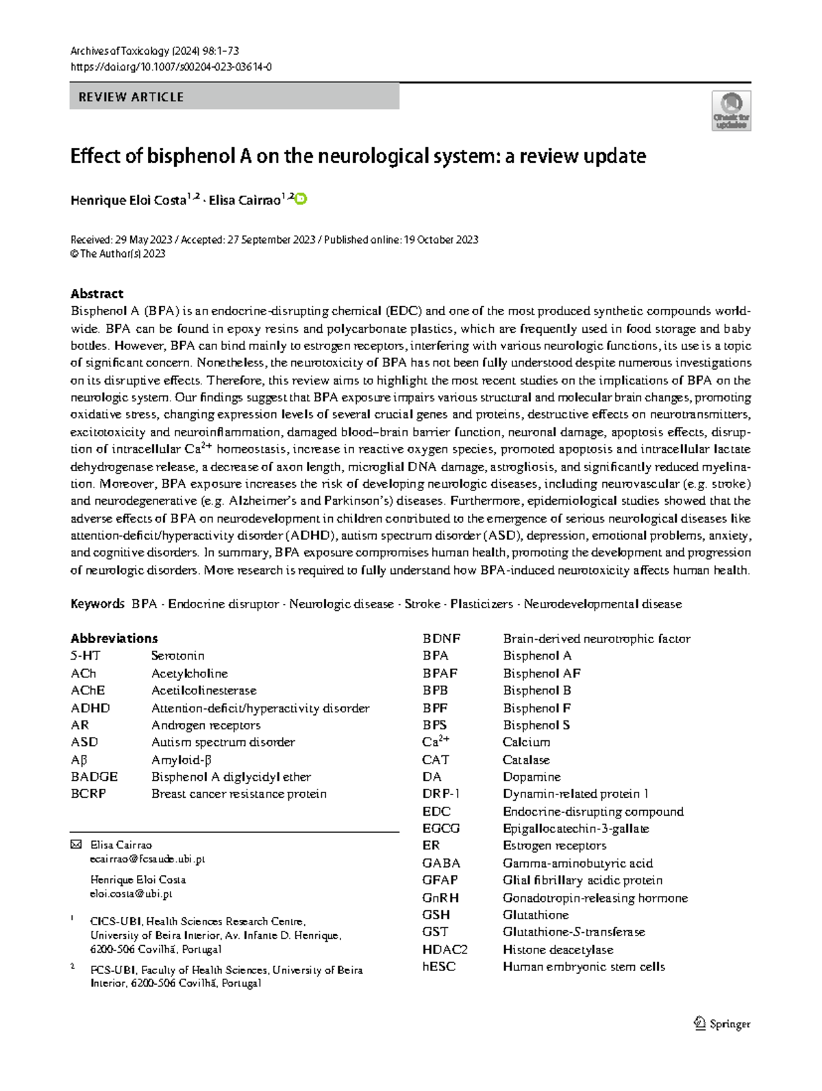 Efect of bisphenol A on the neurological system: a review update - Vol ...