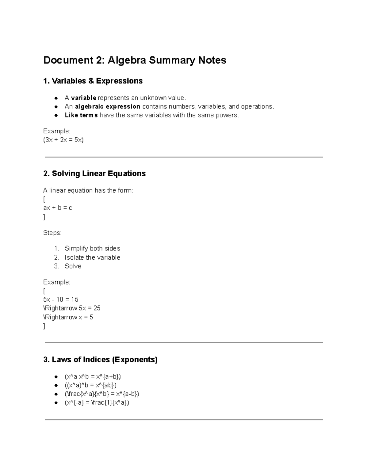 Algebra Summary NOtes - Variables & Expressions A variable represents ...