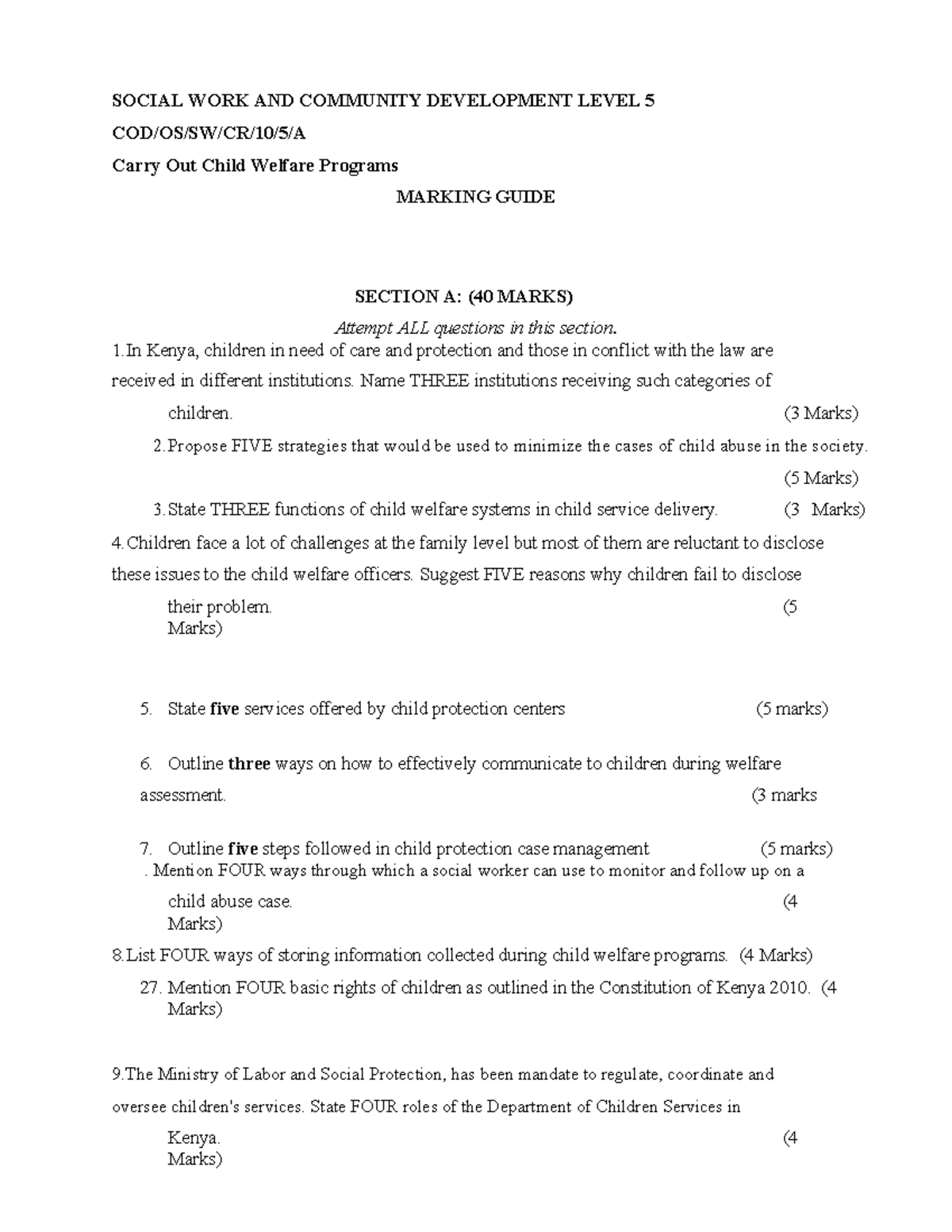 SOCIAL WORK & COMMUNITY DEV LEVEL 5: Child Welfare Programs Marking ...