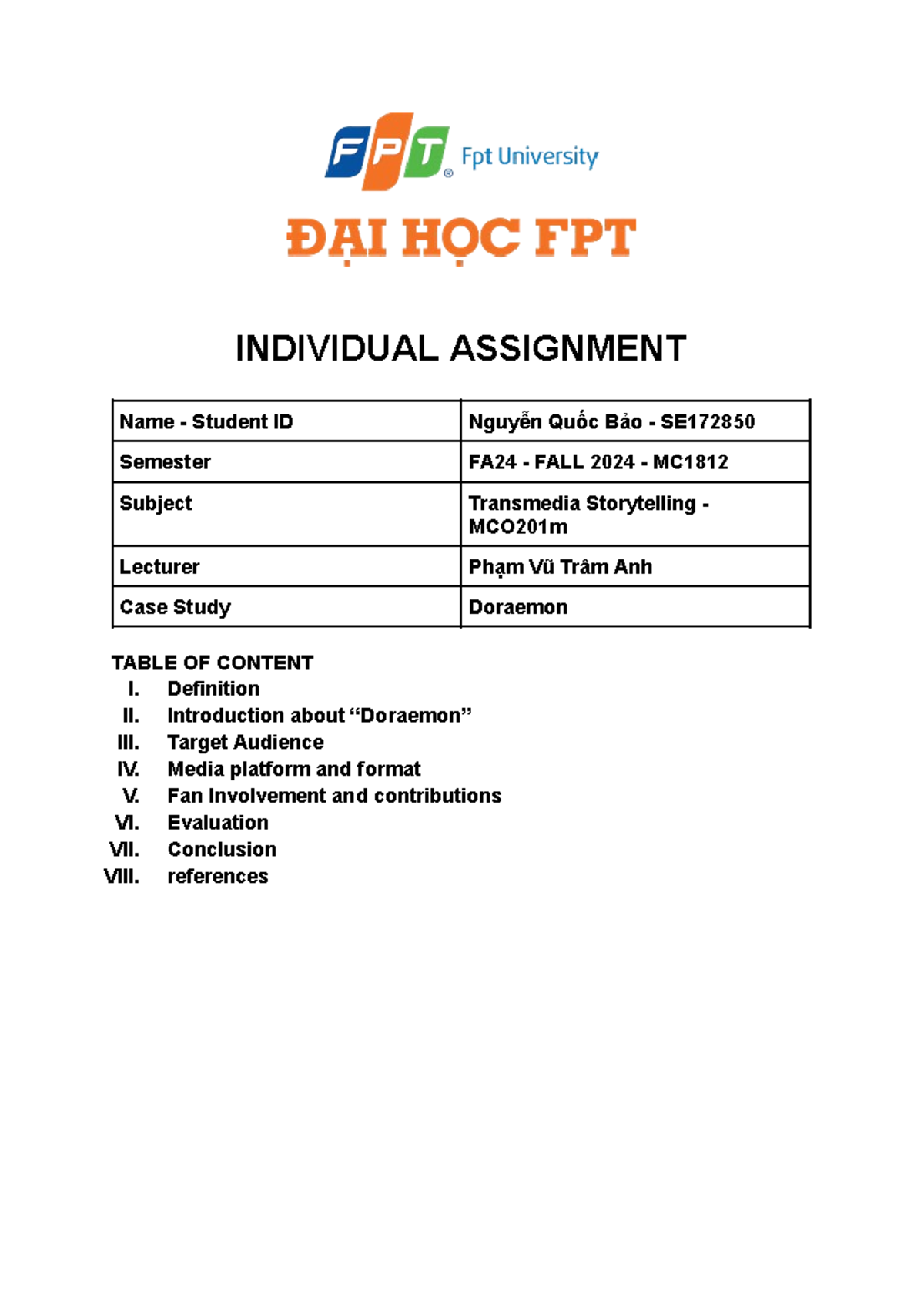 Individual assignment - INDIVIDUAL ASSIGNMENT Name - Student ID Nguyễn ...