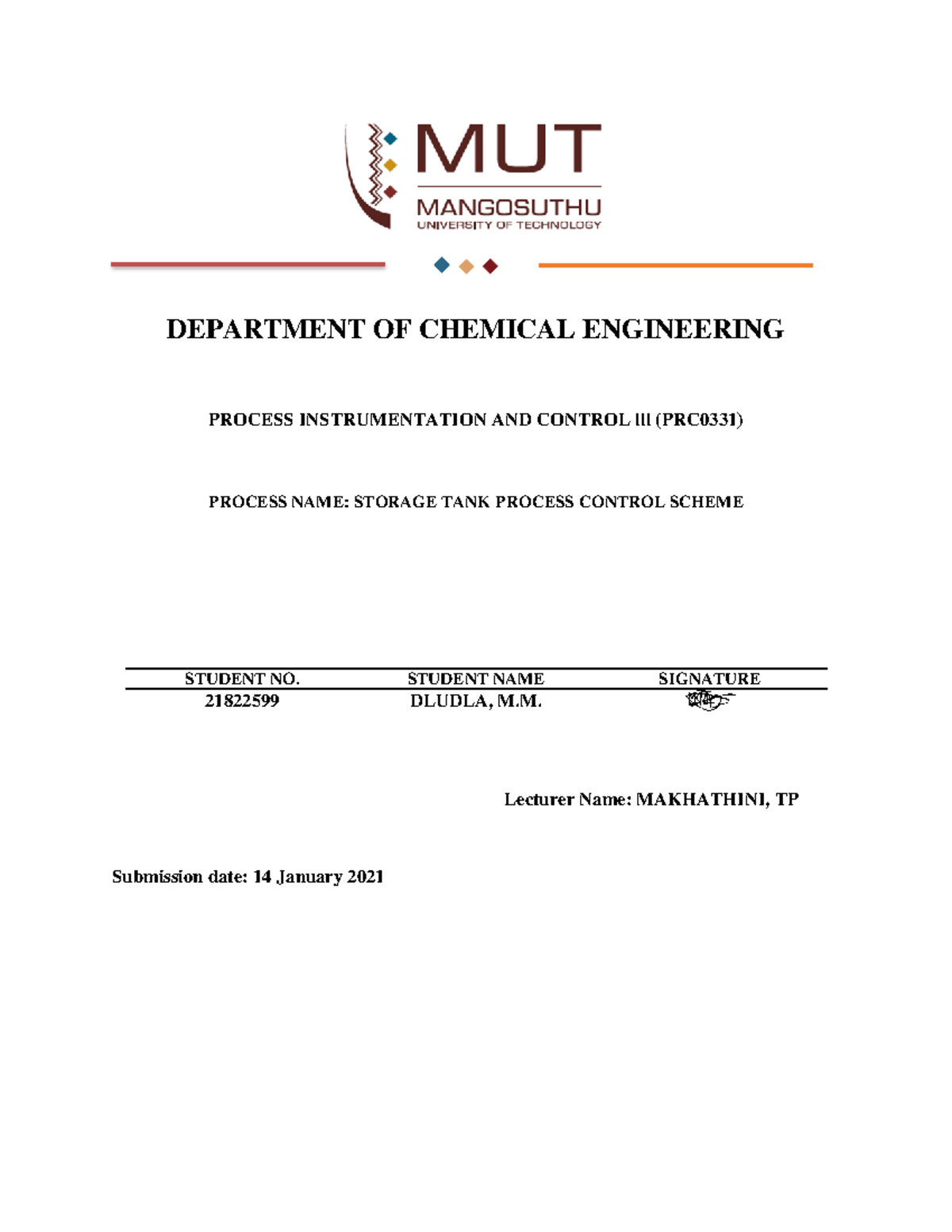 Storage TANK Process Control Scheme - DEPARTMENT OF CHEMICAL ...