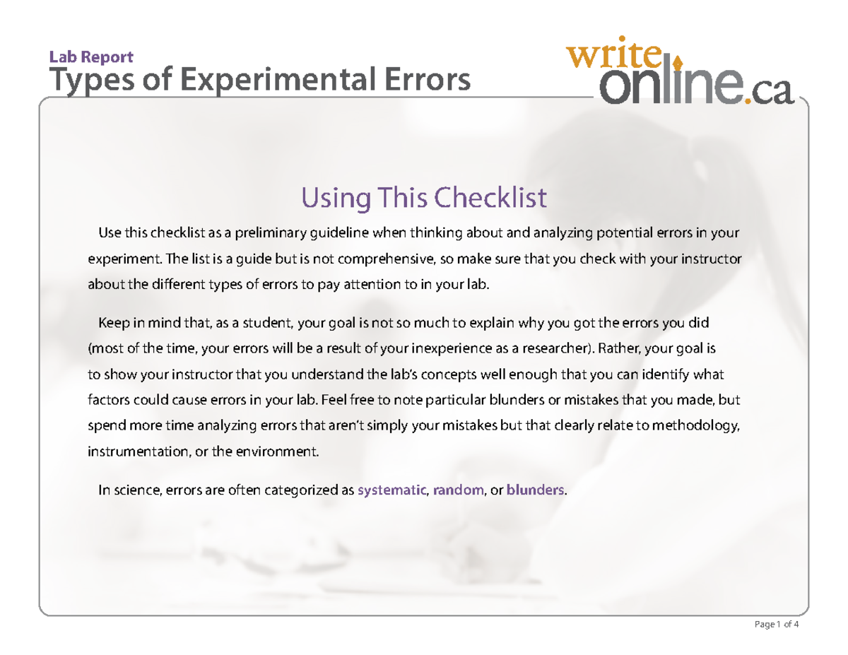Lab Report: Understanding Types of Experimental Errors - Studocu