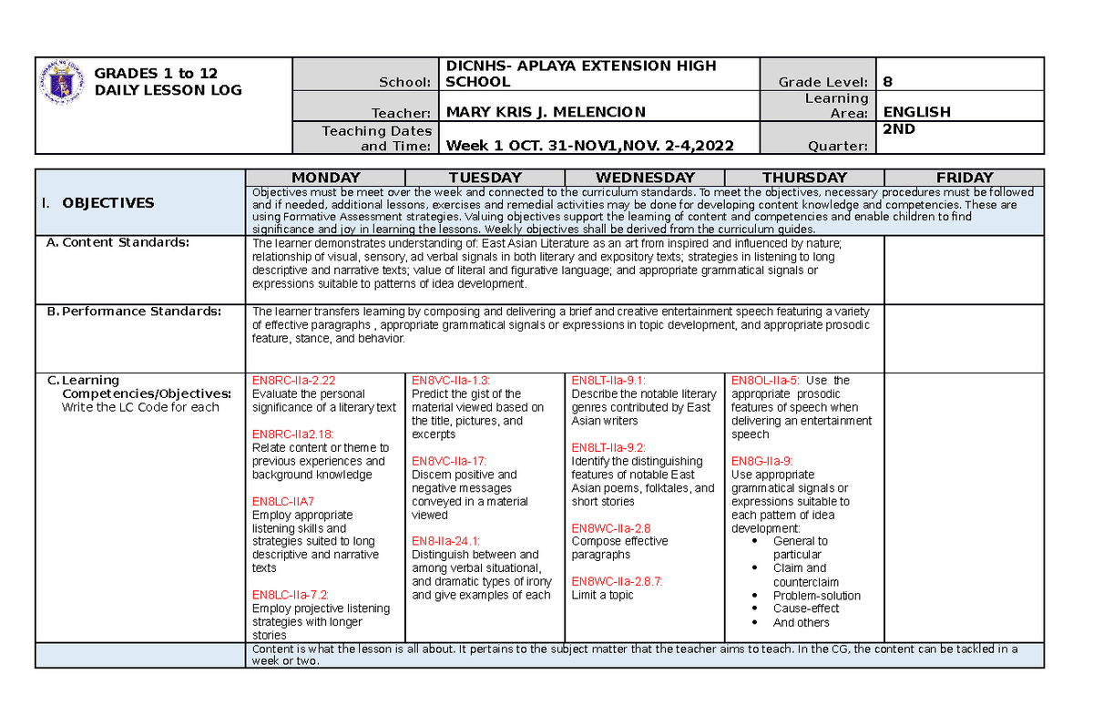 DLL-ENG8-2NDQ-1st-week edited - GRADES 1 to 12 DAILY LESSON LOG School ...
