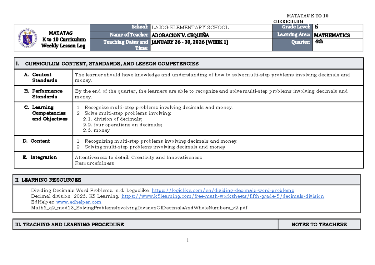 DTC DLL Matatag Mathematics 5 Weekly Lesson Log Q4 W1 - Studocu