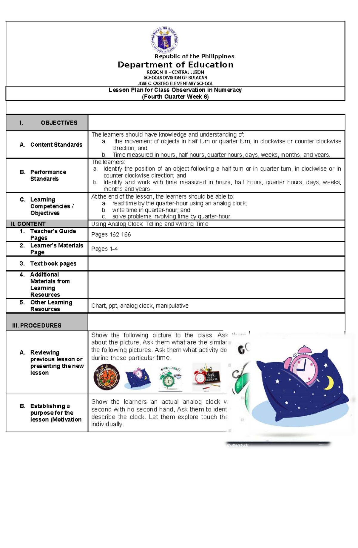 DLP for COT: Lesson Plan on Telling Time in Numeracy (4th Qtr, Wk 6 ...