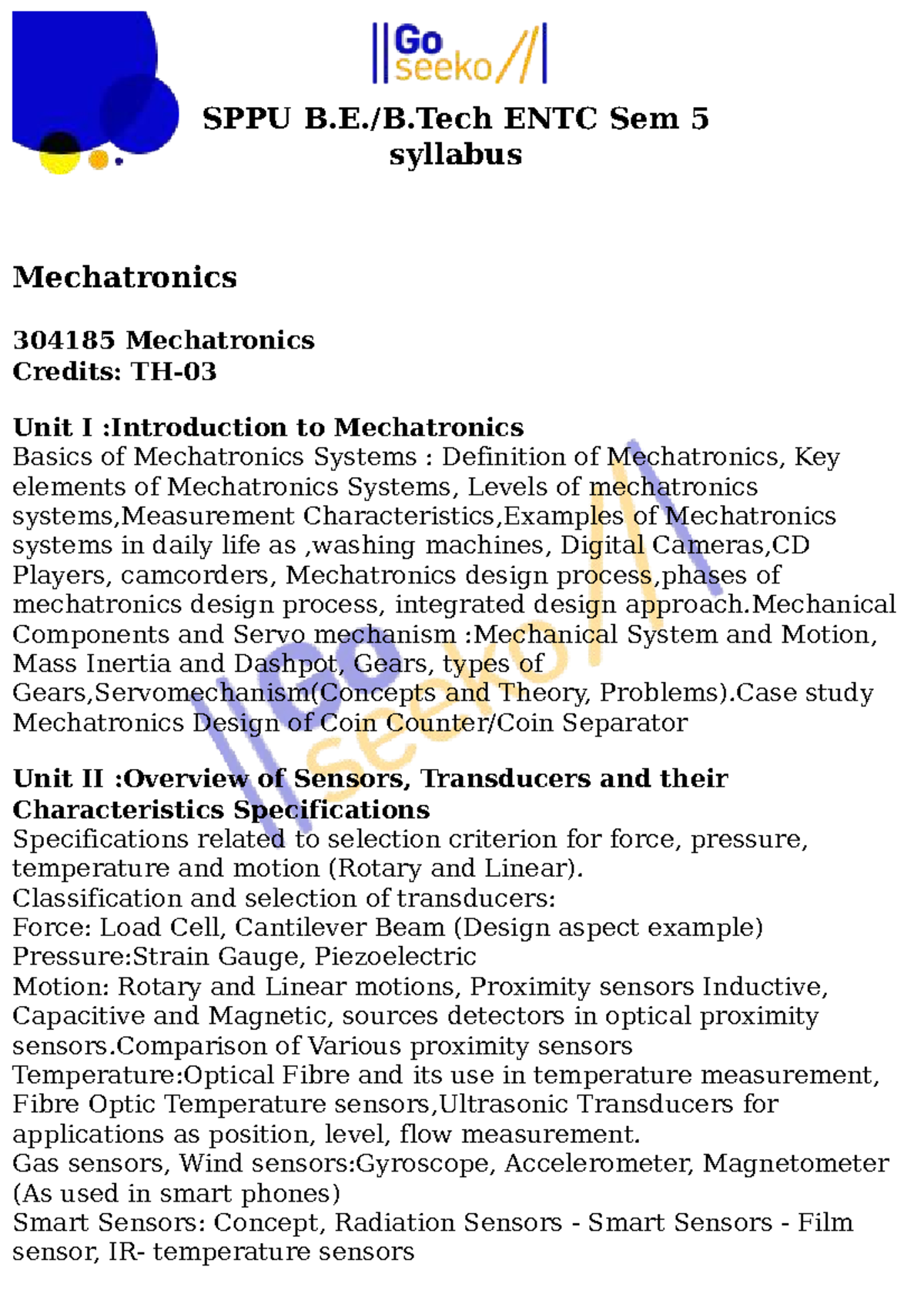 ENTC 304185 Sem 5 Mechatronics Syllabus Overview and Topics - Studocu