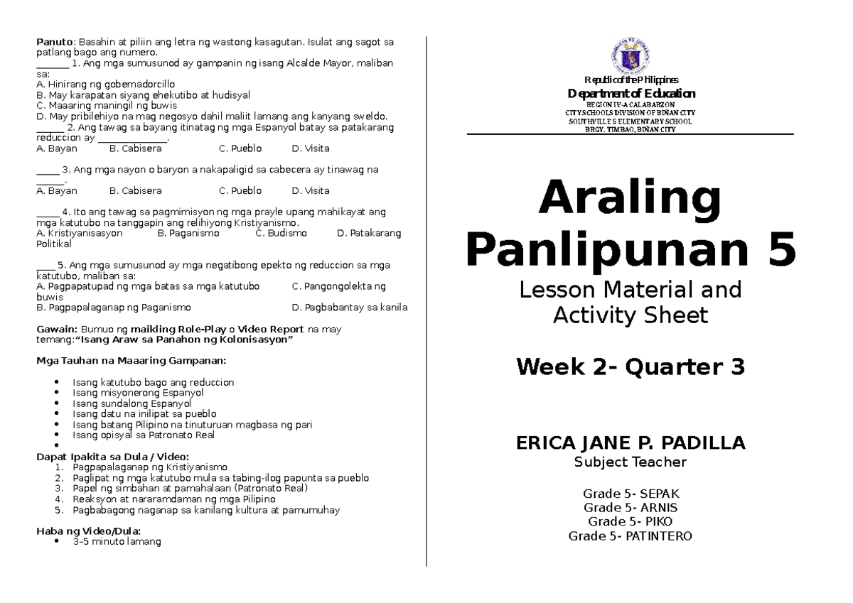 Araling Panlipunan 5: Lesson Material & Activity Sheet - Studocu