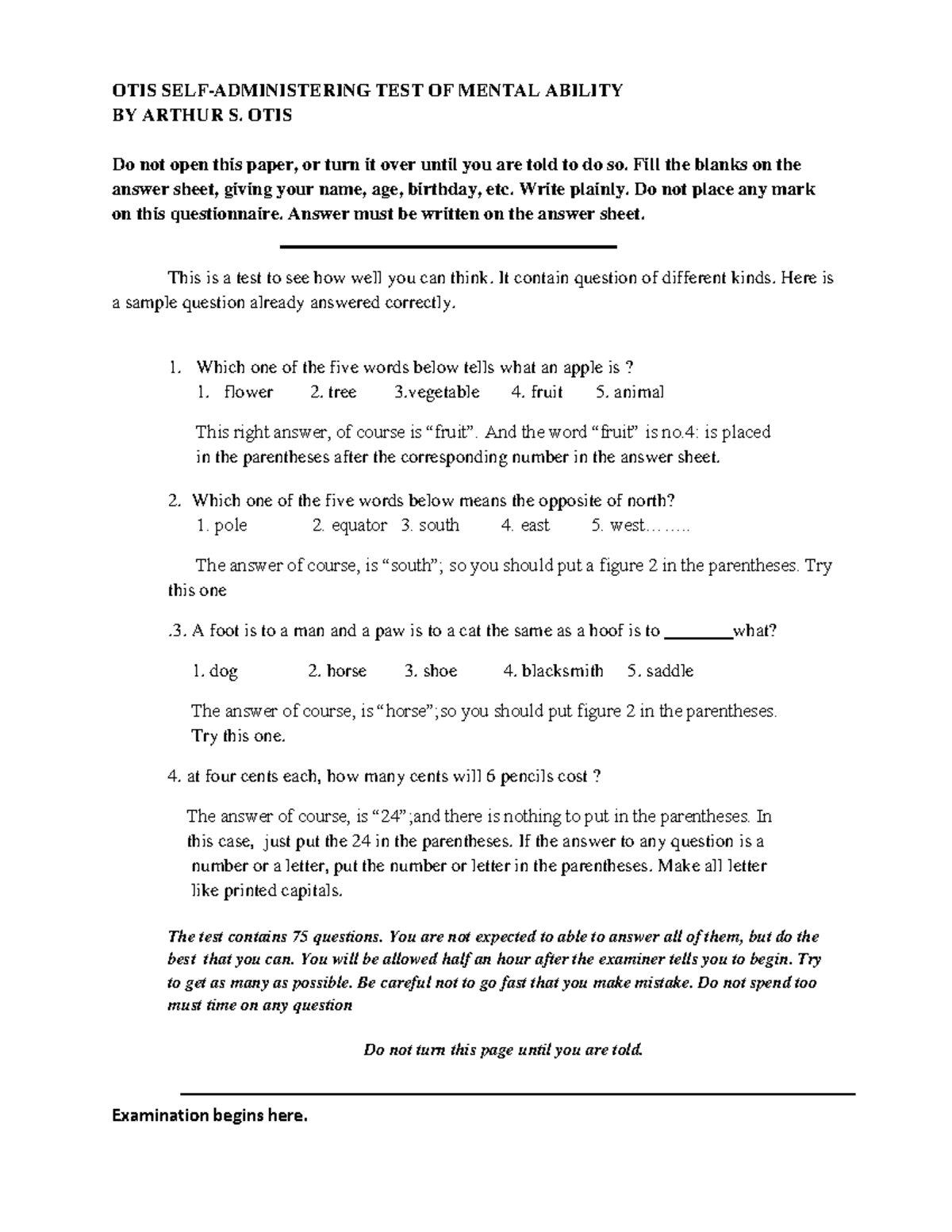 OTIS TEST OF MENTAL ABILITY QUESTIONNAIRE (1) - Studocu
