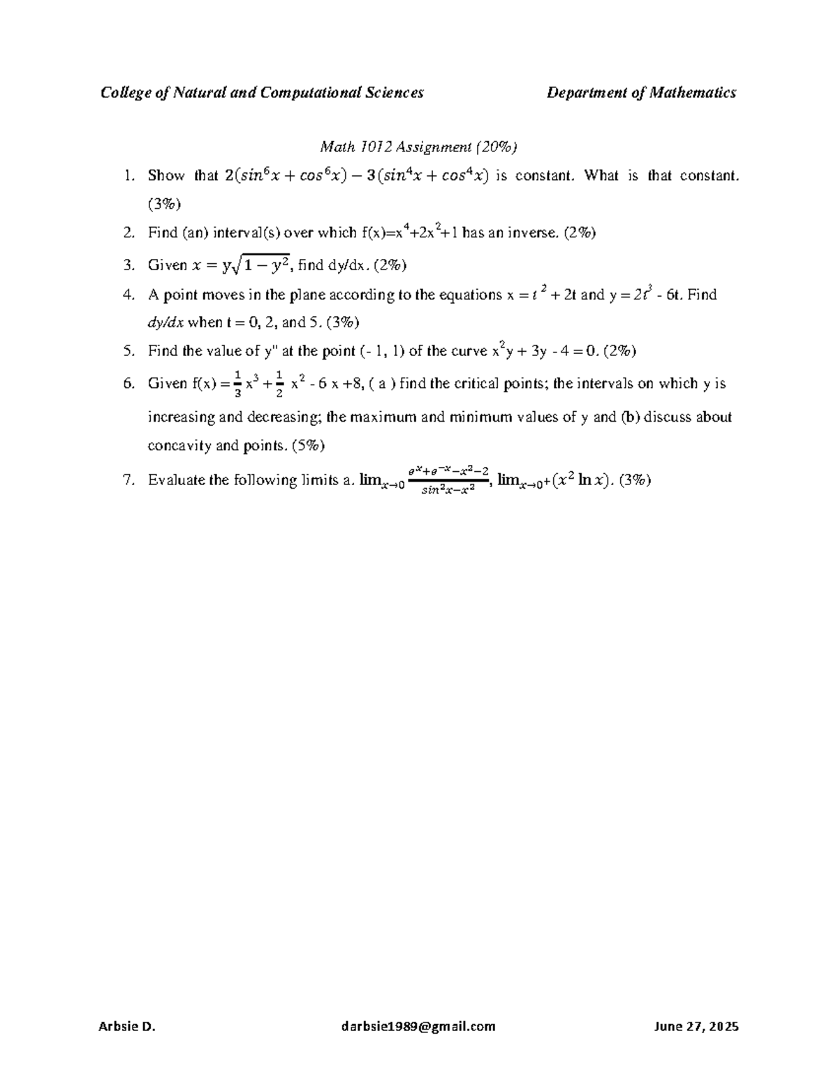 Math 1012 Assignment 1 - Lecture Notes on Functions and Limits - Studocu